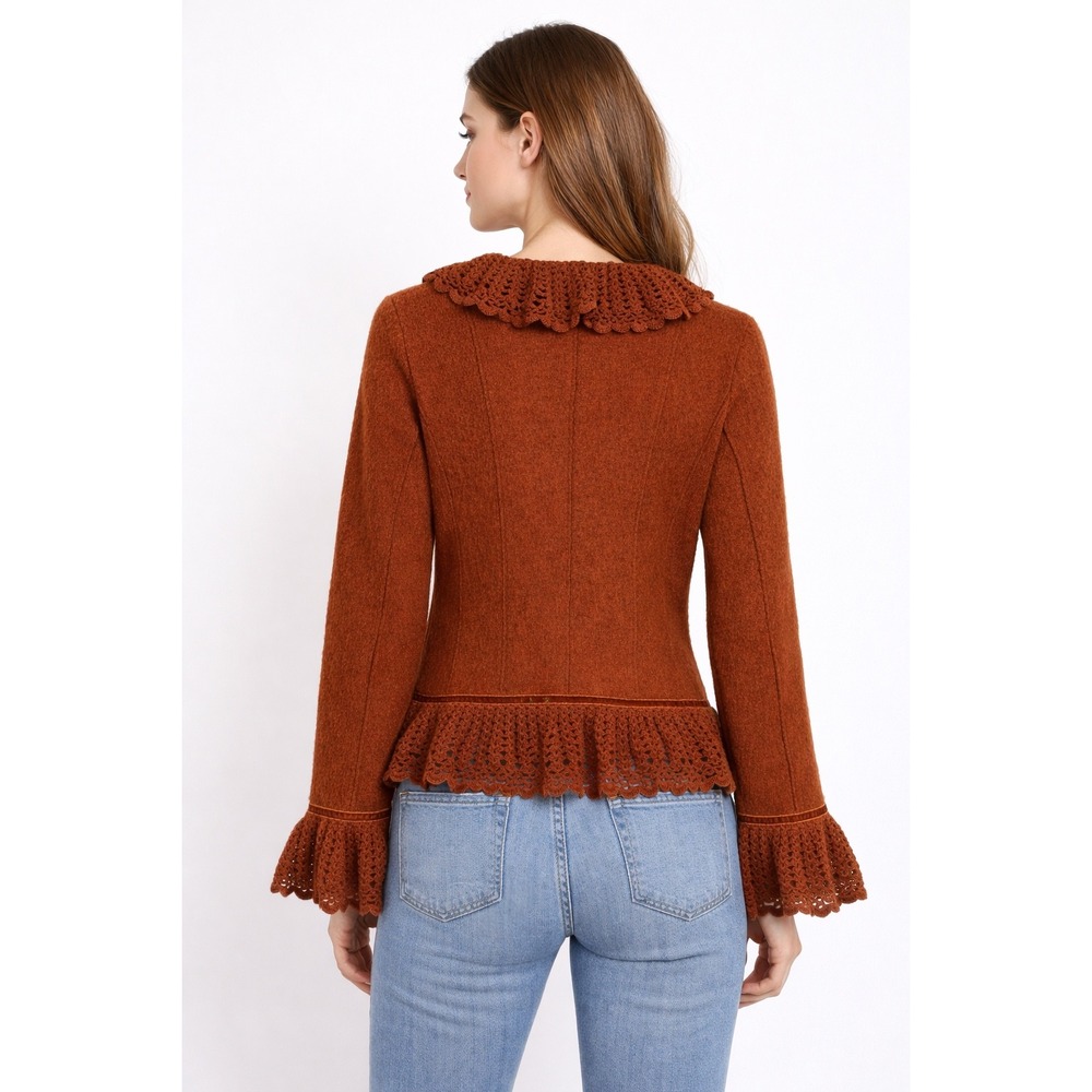 Vtg Lisa International Boiled Wool Blazer Jacket‎ M Crochet Ruffle V-Neck Brown - Picture 9 of 16